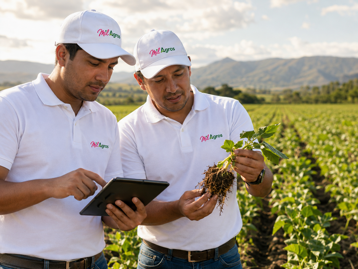 Equipo técnico de Mil Agros analizando una planta con una tableta en campo