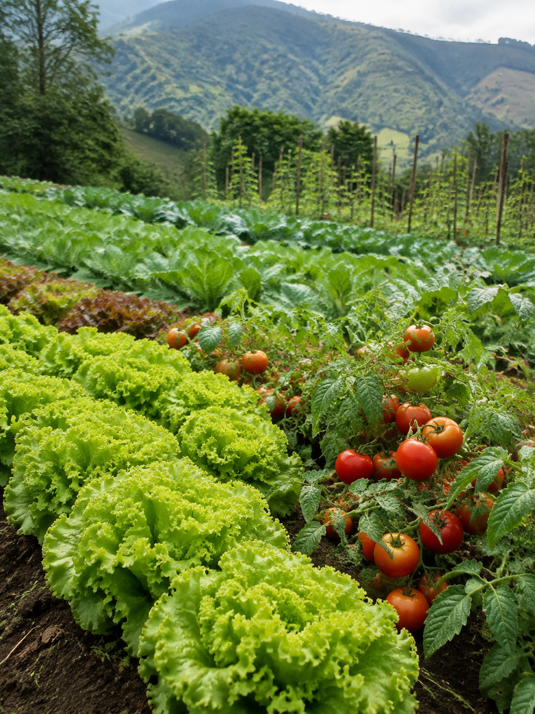 Cultivo de hortalizas con lechugas y tomates