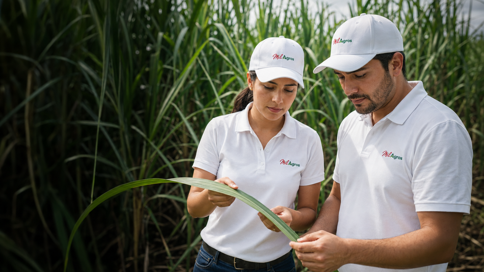 Equipo técnico de Mil Agros revisando hojas de caña de azúcar en campo