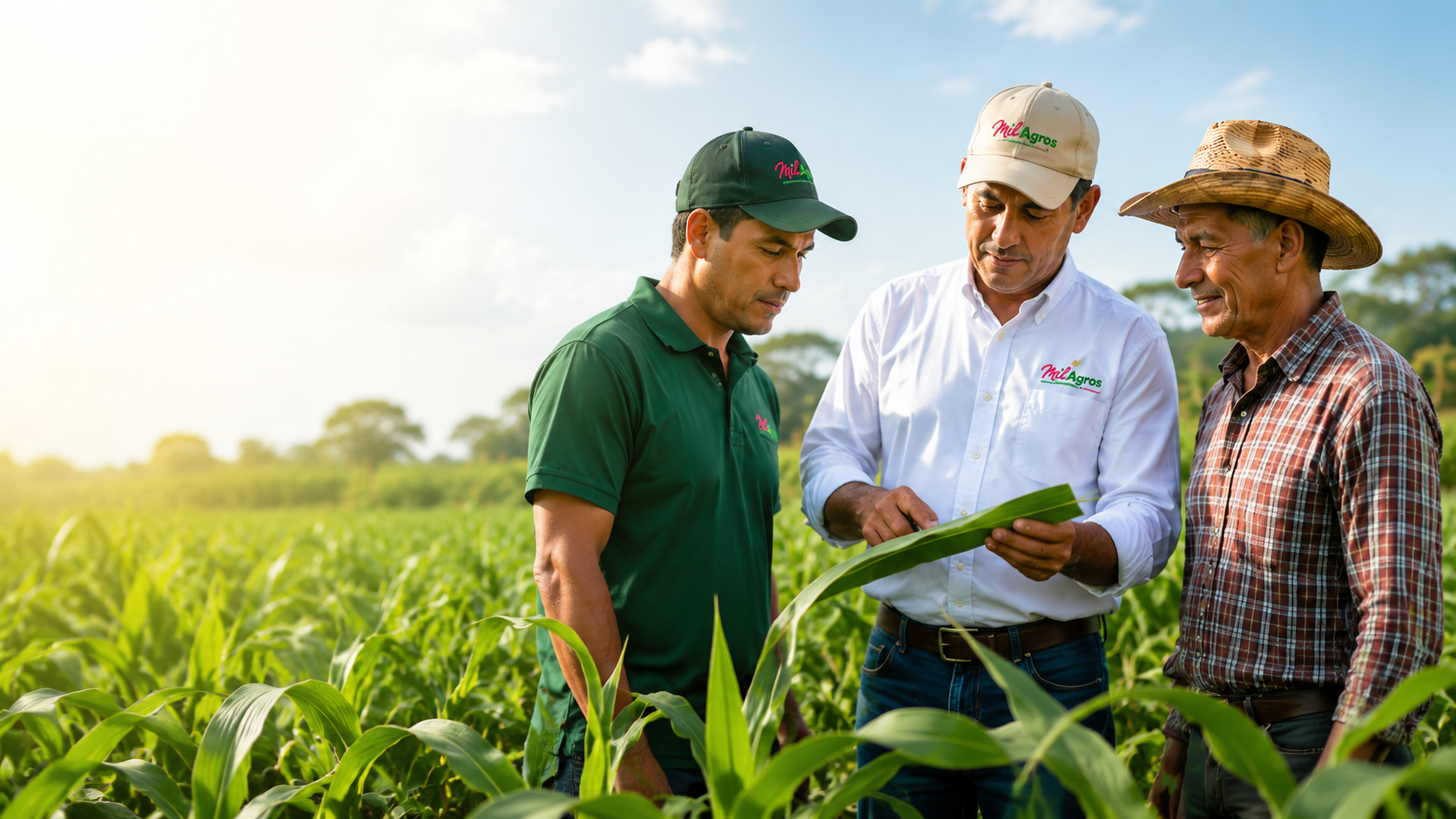 Equipo técnico de Mil Agros revisando el cultivo de maíz con un productor.